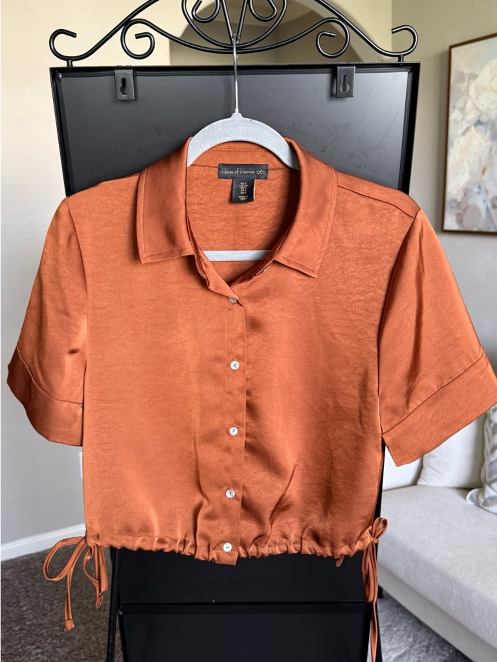 House of Harlow 1960 Rust Short-Sleeve Button-Down with Drawstring Hem